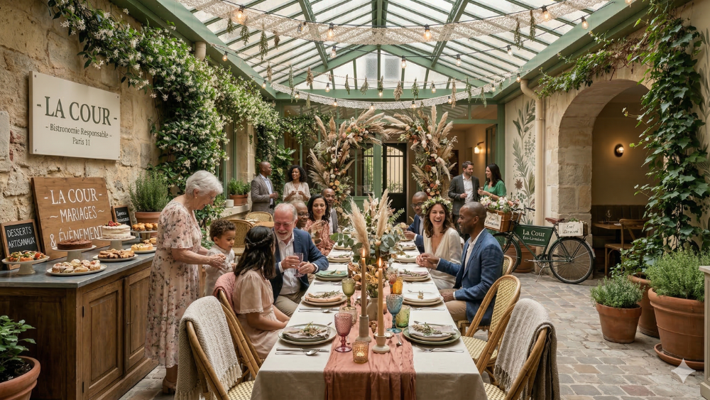 Mariage intimiste au restaurant La Cour, Paris 11 ème, privatisé pour l'occasion