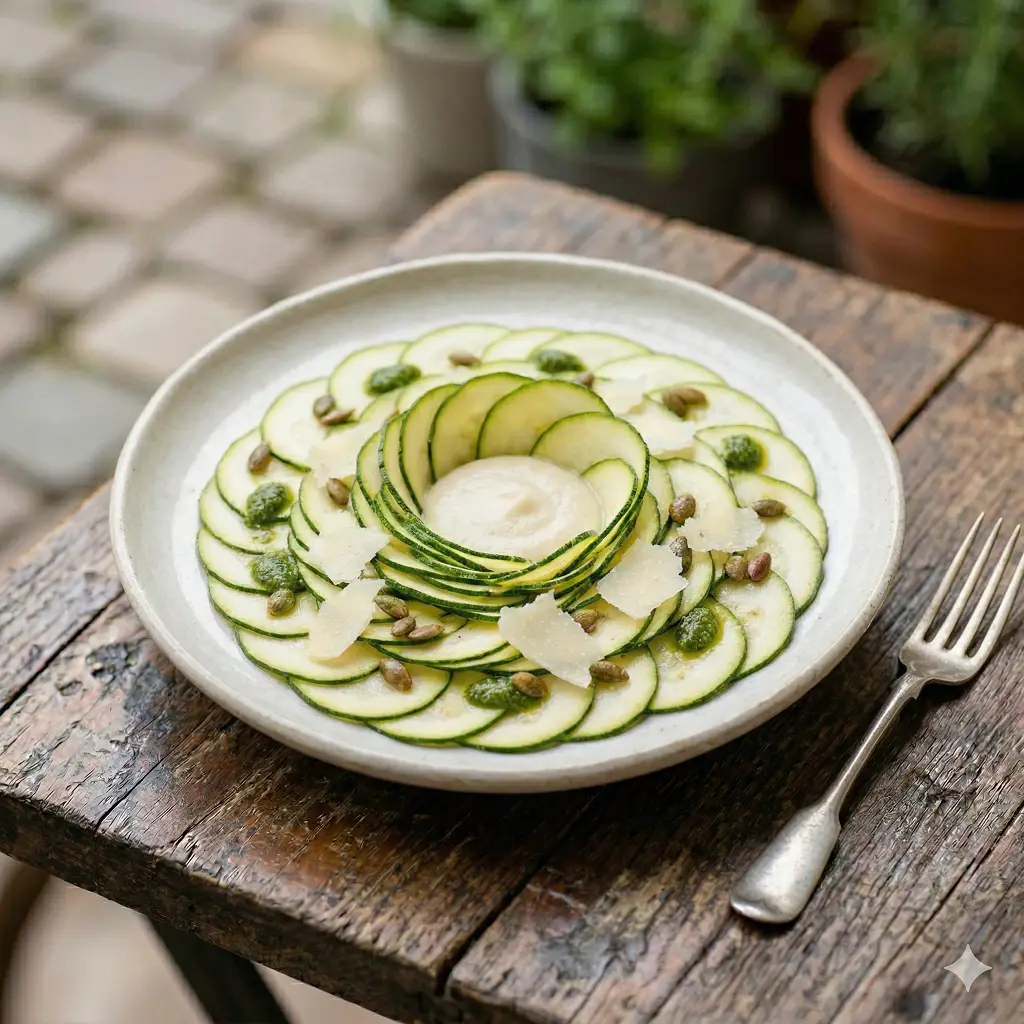 carpaccio courgettes parmesan aop du restaurant La Cour, Paris 11 ème