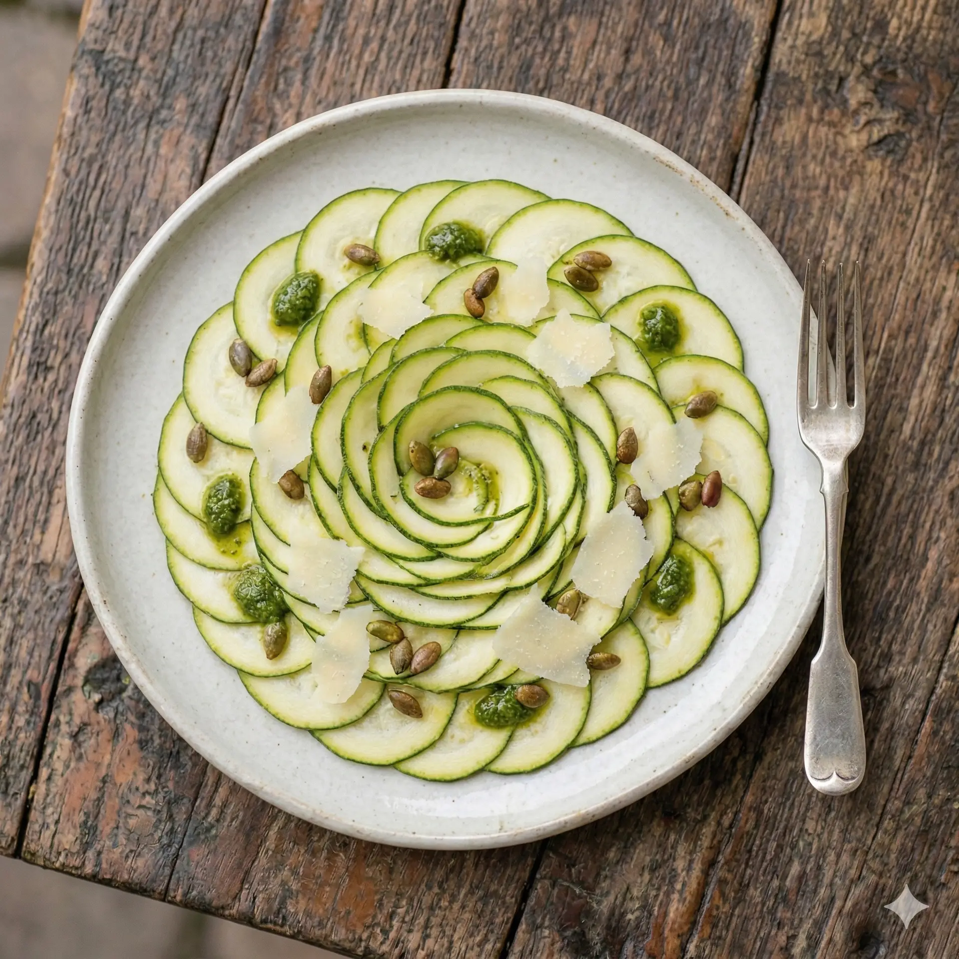 carpaccio de courgettes et copeaux de parmesan aop du restaurant La Cour, Paris 11 ème