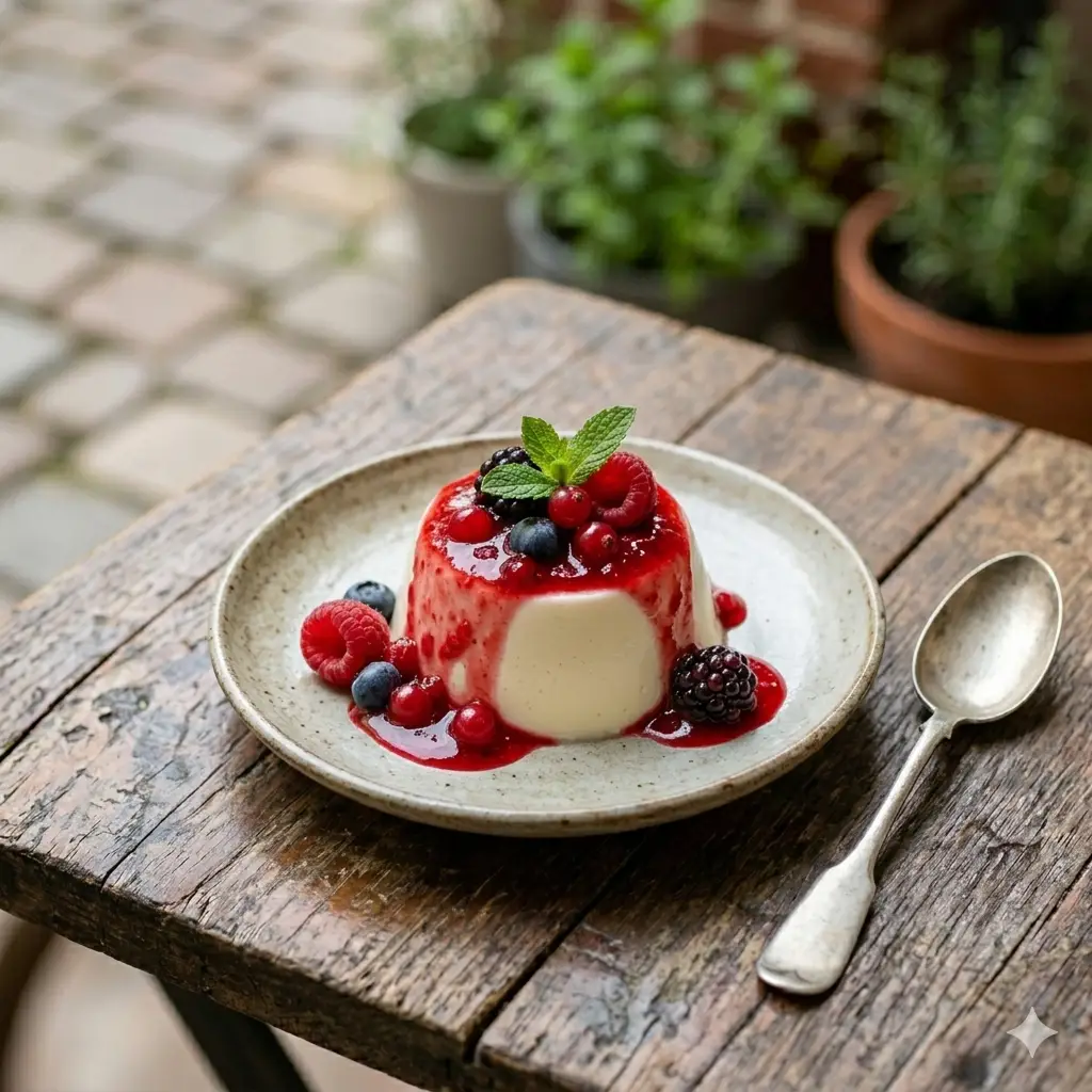 panna cotta lait amande fruits rouges élaboré avec nos produits locaux