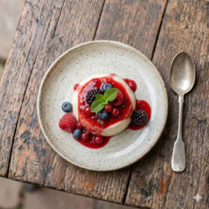 panna cotta au lait d’amande et coulis de fruits rouges