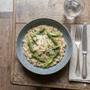 risotto d’épeautre aux asperges vertes et vieux comté